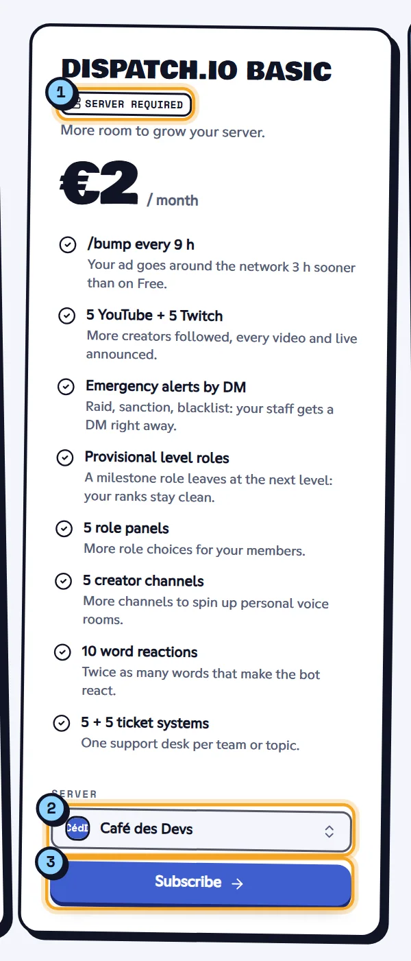 A server plan: the Server required badge (1), the server picker (2) and the Subscribe button (3). Dispatch.IO Basic plan card with the server picker