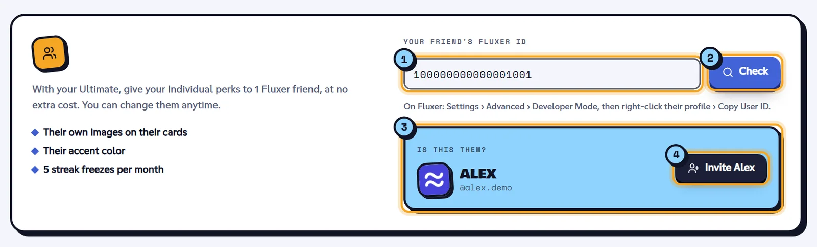 Invite a friend: the ID (1), the Check button (2), the profile confirmation (3) and the Invite button (4). Invite a friend card with Alex's profile to confirm