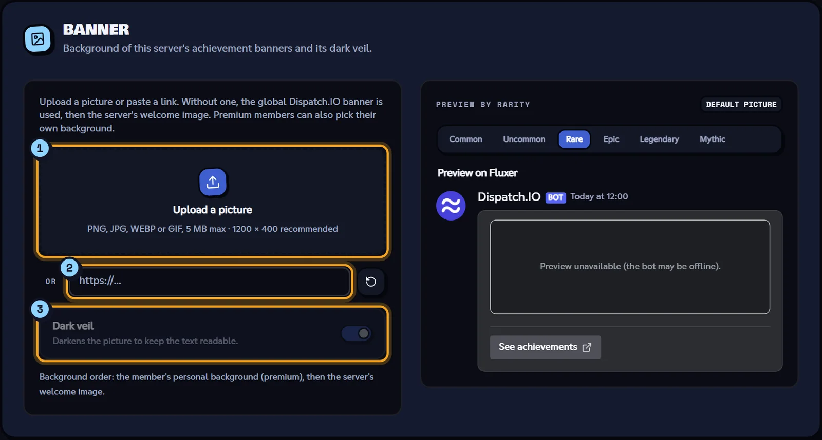 The banner and its preview (Rare rarity). Banner block with the upload zone, the link, the dark veil and the preview by rarity