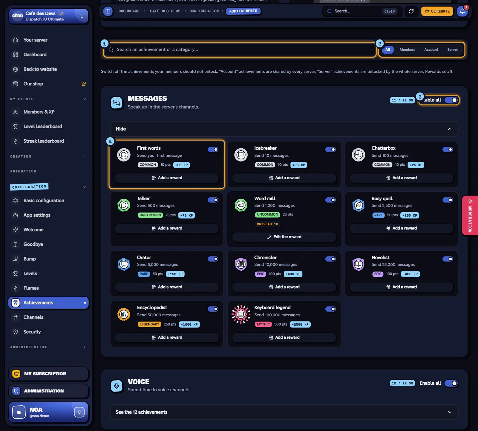 The catalog: search, filter and the Messages category. Achievements catalog with the search, the type filter and the Messages category unfolded