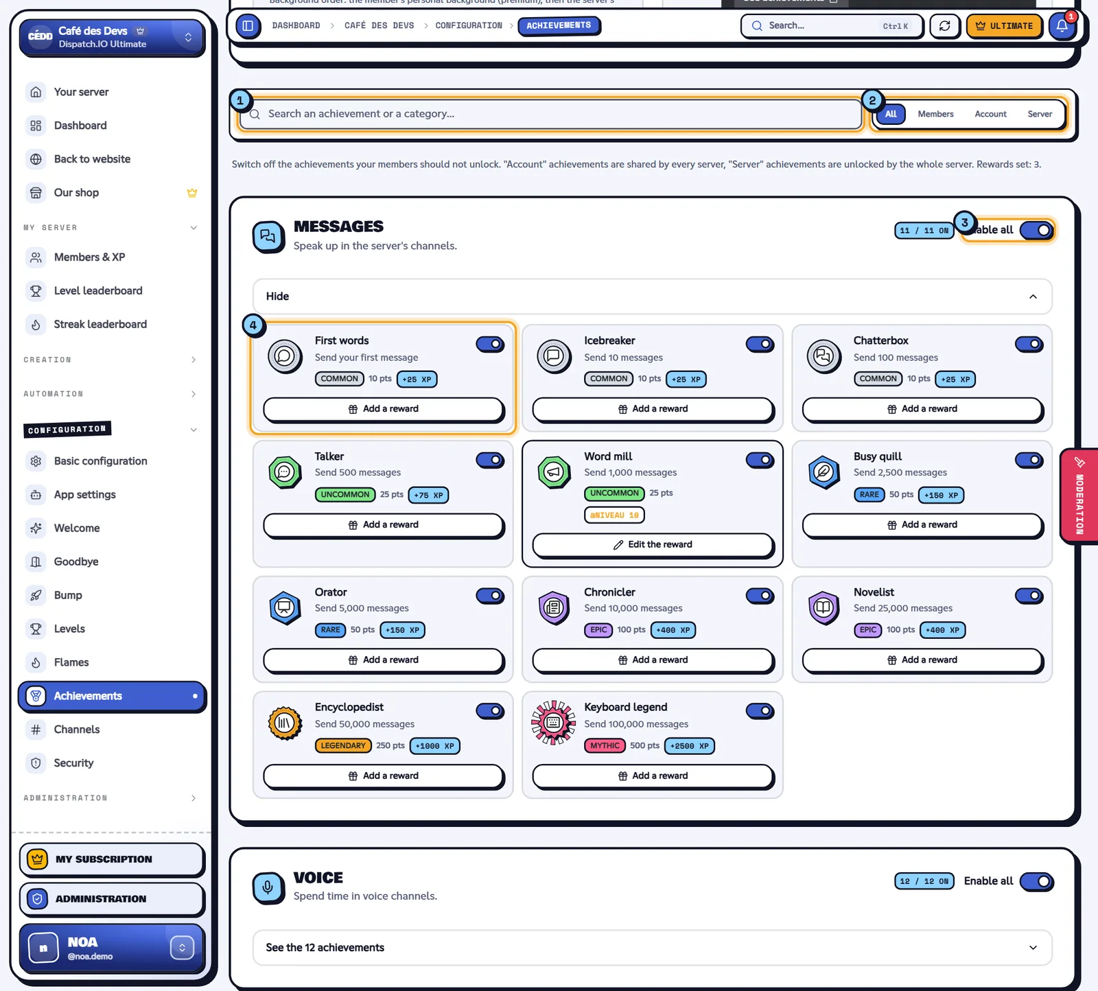 The catalog: search, filter and the Messages category. Achievements catalog with the search, the type filter and the Messages category unfolded