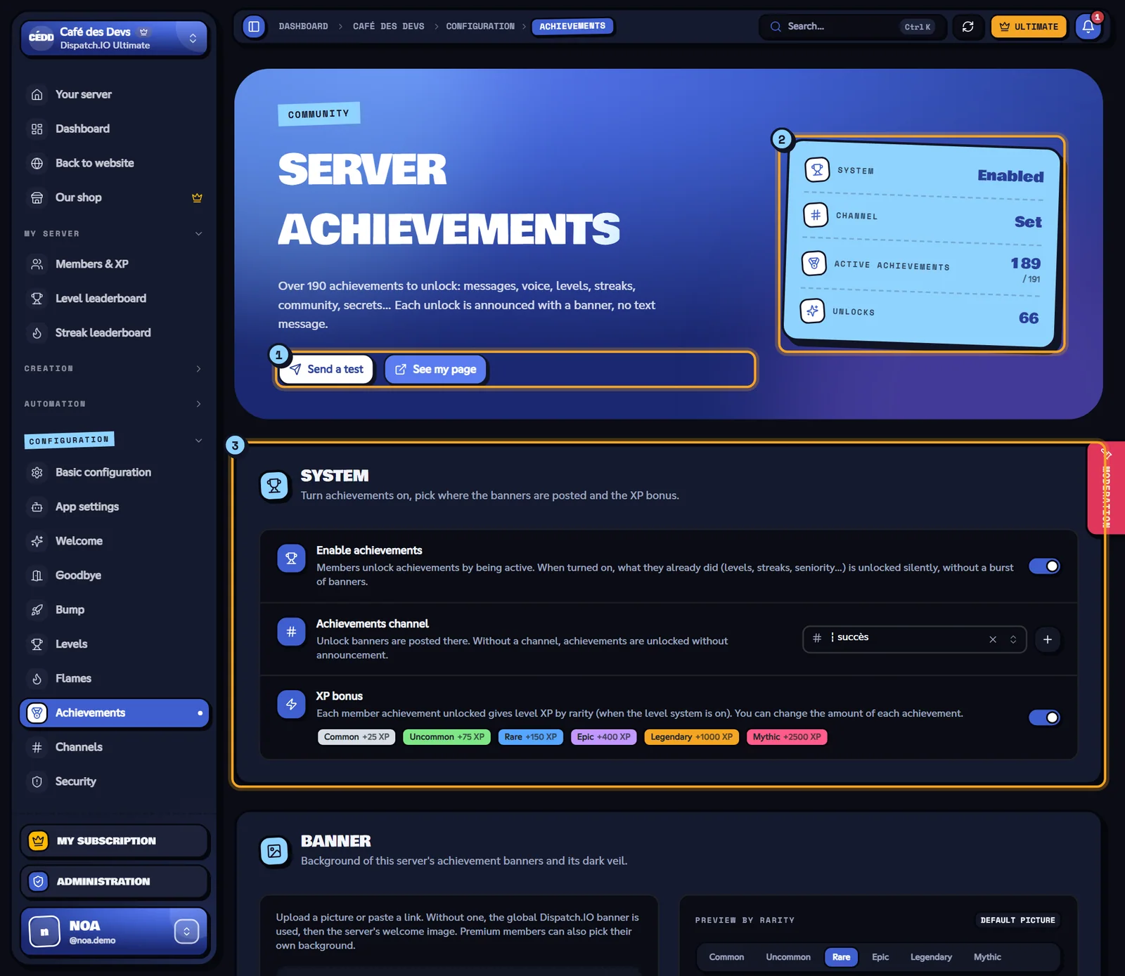 The Achievements page of the Café des Devs server. Server Achievements page with the buttons, the figures and the System block