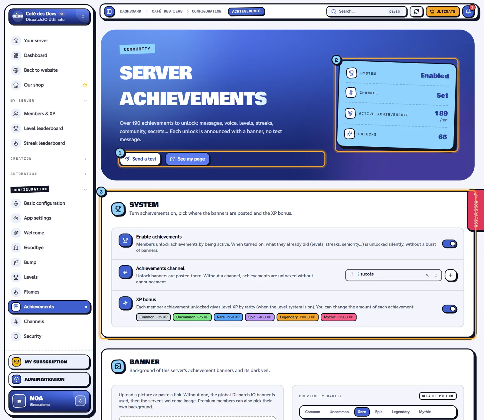The Achievements page of the Café des Devs server. Server Achievements page with the buttons, the figures and the System block