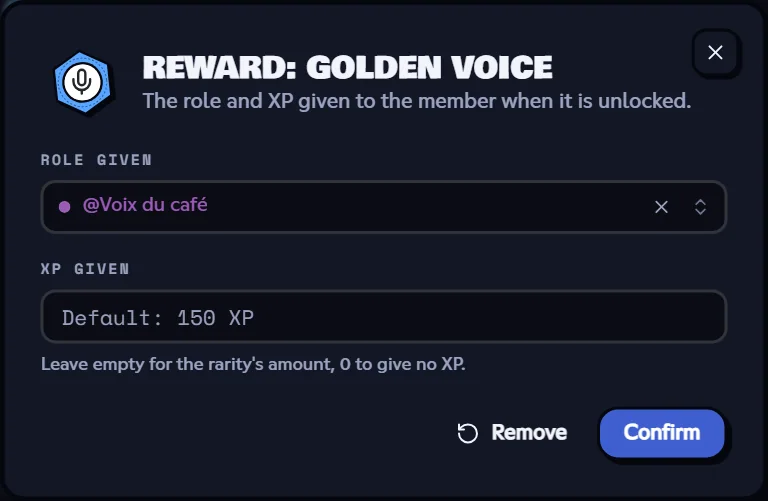The reward of “Golden voice”: the Voix du café role. Reward dialog with the role given and the XP given