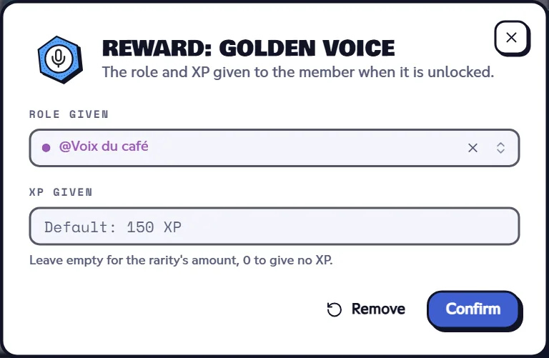 The reward of “Golden voice”: the Voix du café role. Reward dialog with the role given and the XP given