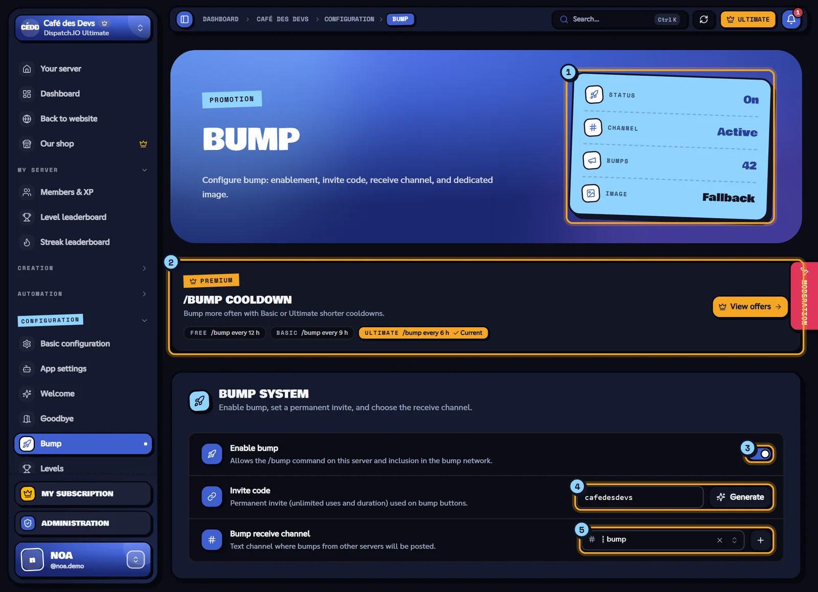 Bump page with the indicators, the /bump cooldown banner and the bump system