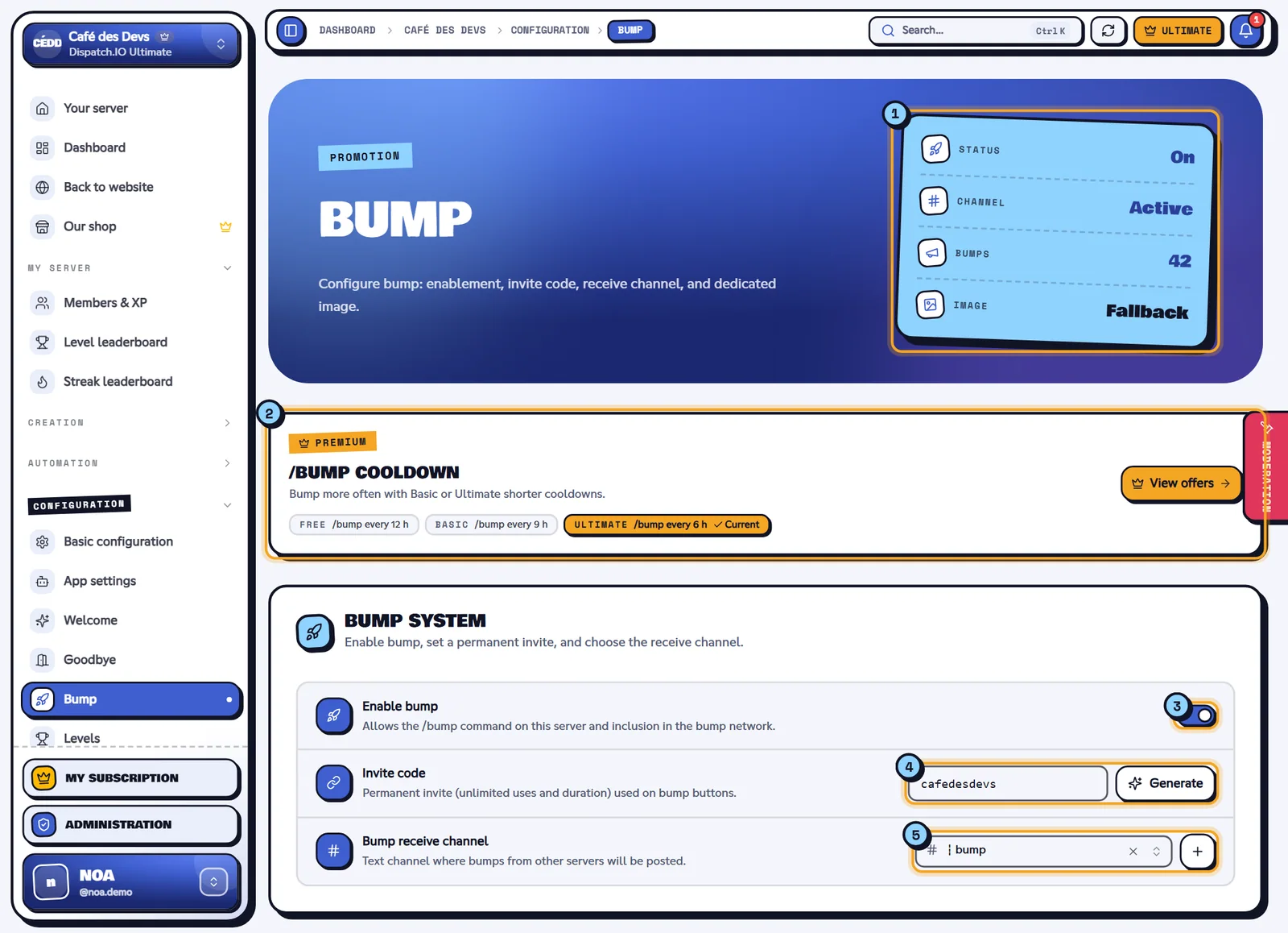 Bump page with the indicators, the /bump cooldown banner and the bump system