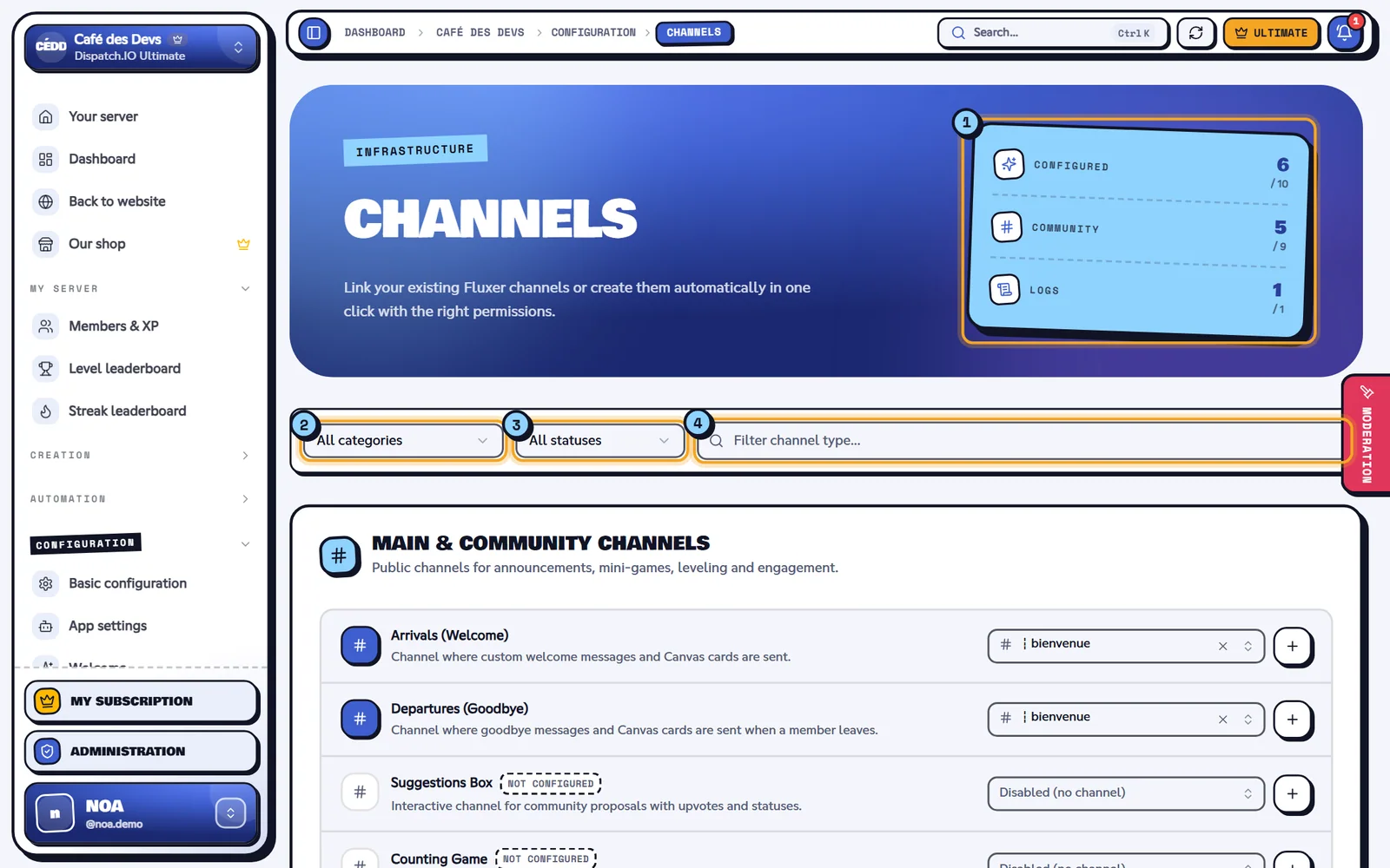 The Channels page of the Café des Devs server. Channels page with the indicators, the filters and the first channel types