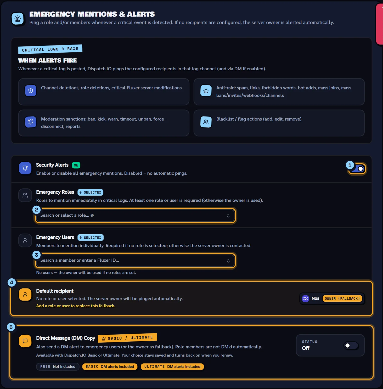 No recipient selected: the server owner is warned by default. Emergency Mentions & Alerts block with roles, users and the DM copy