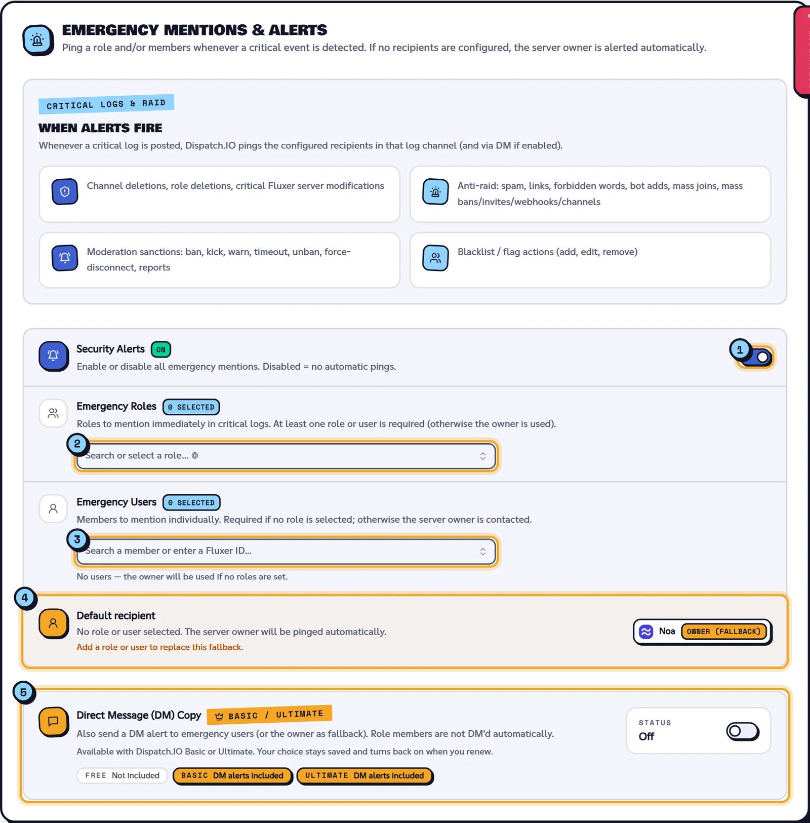 No recipient selected: the server owner is warned by default. Emergency Mentions & Alerts block with roles, users and the DM copy
