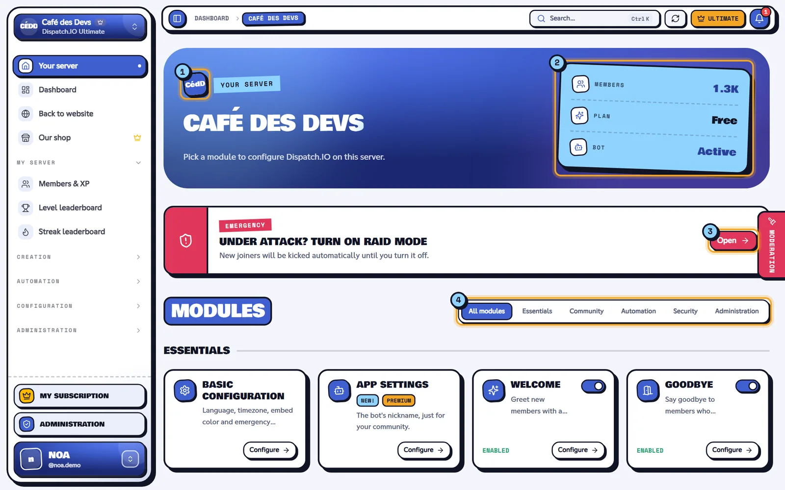 A community's home on the dashboard: each tile opens a module's page. Home of the Café des Devs community on the dashboard, with its modules