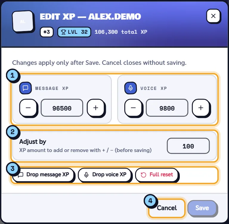 Editing Alex's XP. Edit XP window with message XP, voice XP and the reset buttons