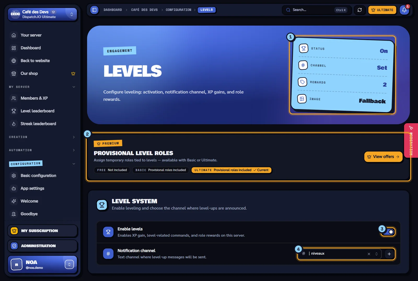 The Levels page of the Café des Devs server. Levels page with the indicators, the premium banner and the level system