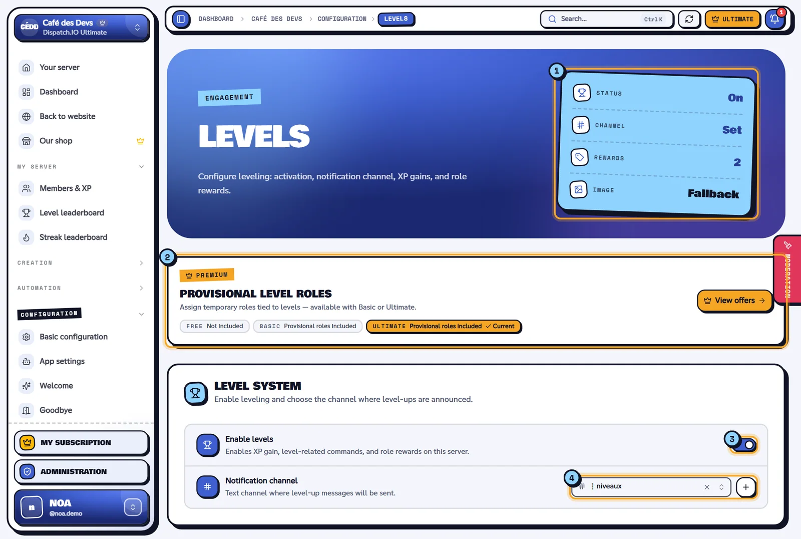 The Levels page of the Café des Devs server. Levels page with the indicators, the premium banner and the level system