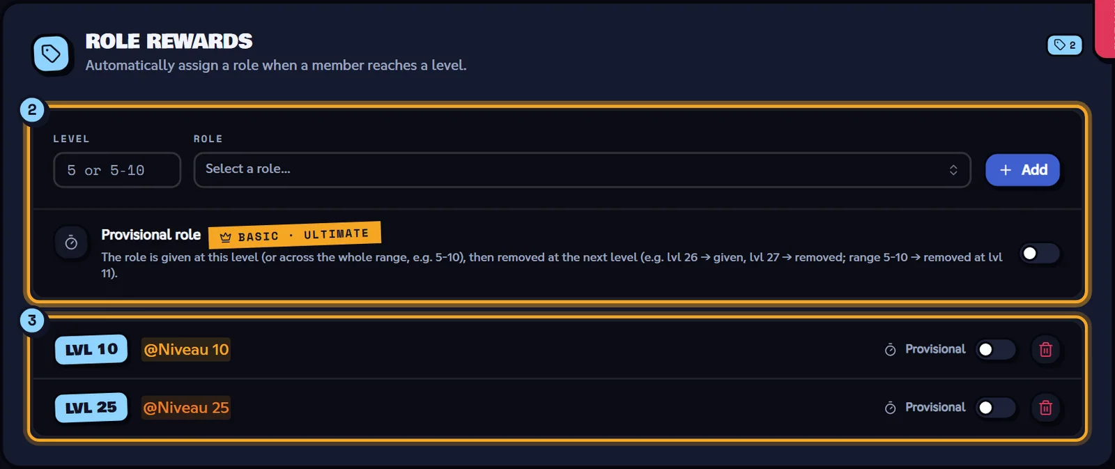 Two rewards: @Niveau 10 at level 10 and @Niveau 25 at level 25. Role rewards block with rewards at levels 10 and 25 and the Provisional role option