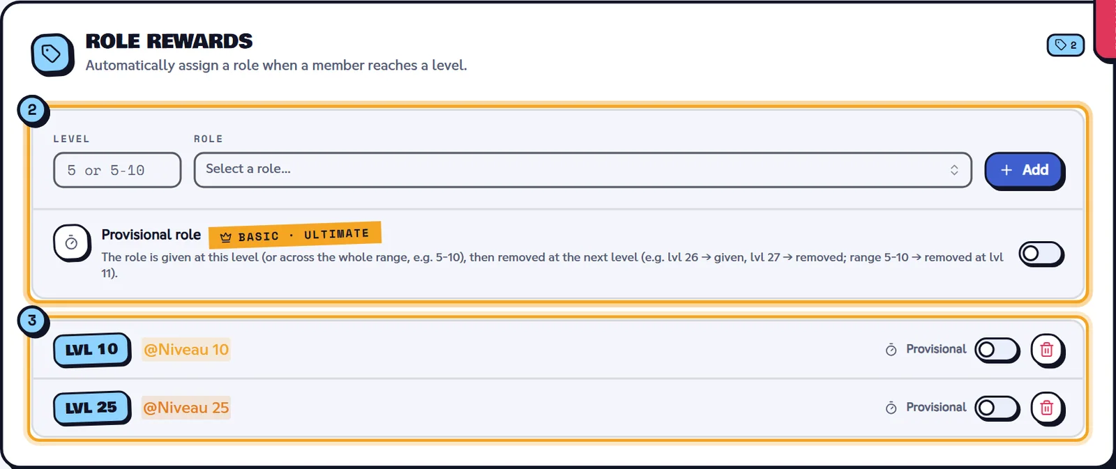 Two rewards: @Niveau 10 at level 10 and @Niveau 25 at level 25. Role rewards block with rewards at levels 10 and 25 and the Provisional role option