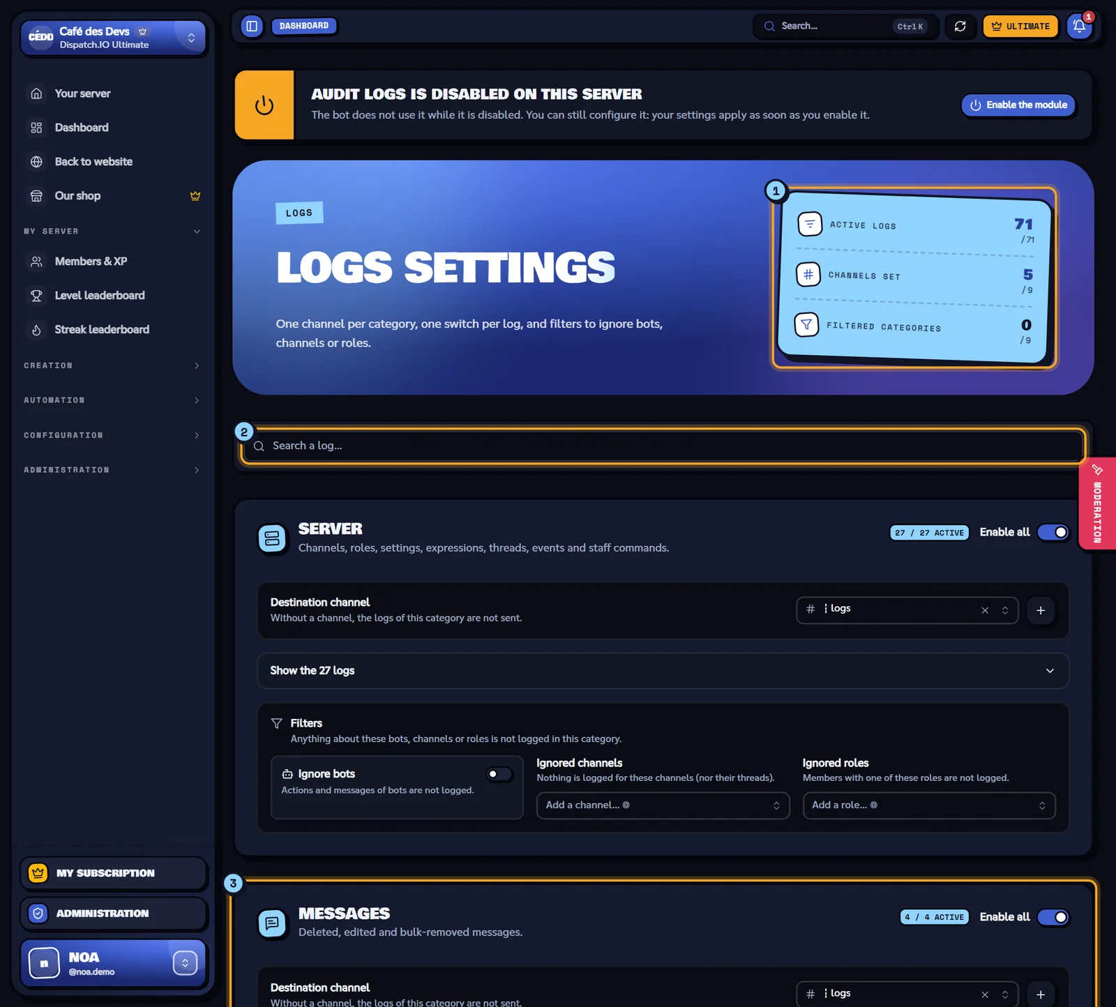 The Logs settings page of the Café des Devs server. Logs settings page with the figures, the search and the Messages card