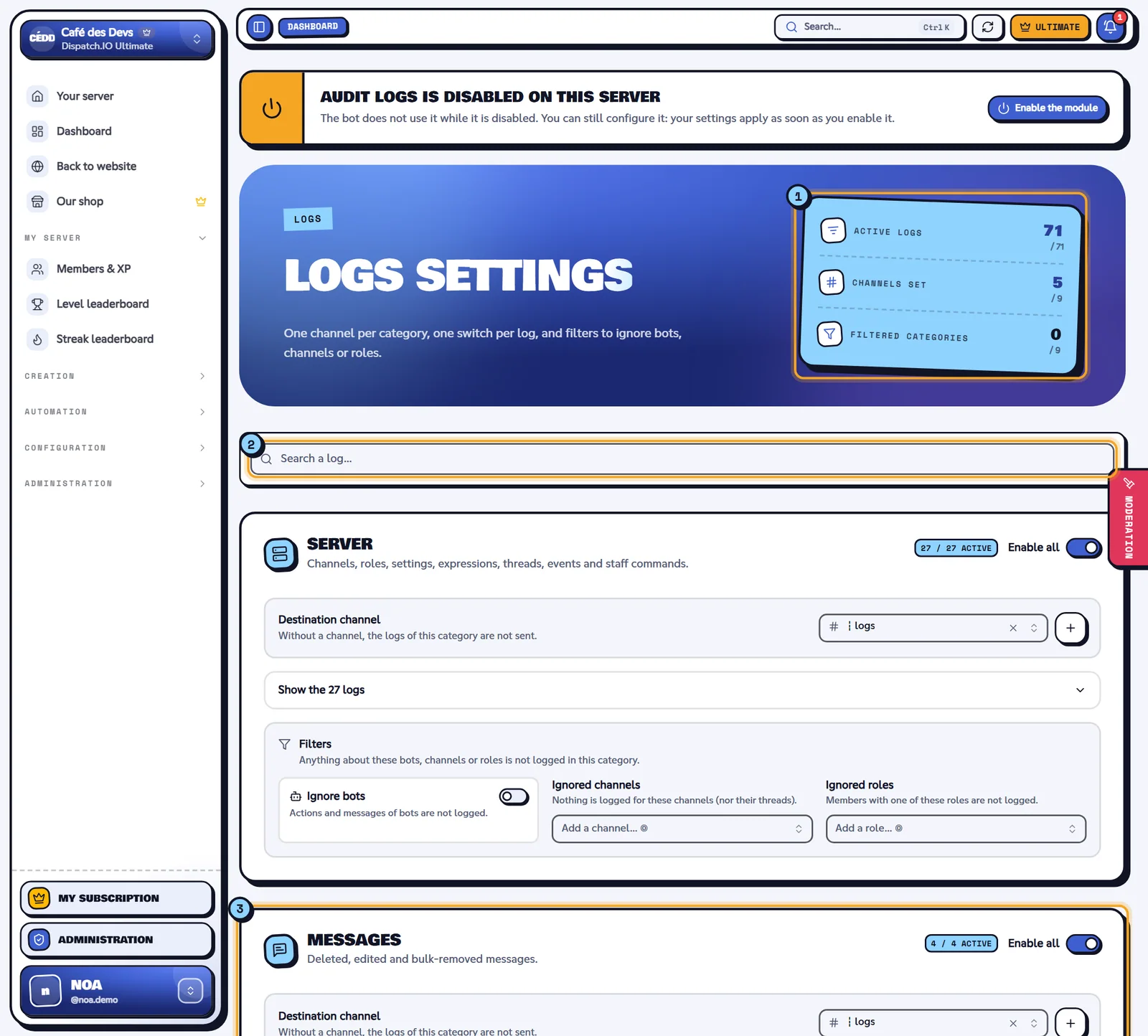 The Logs settings page of the Café des Devs server. Logs settings page with the figures, the search and the Messages card