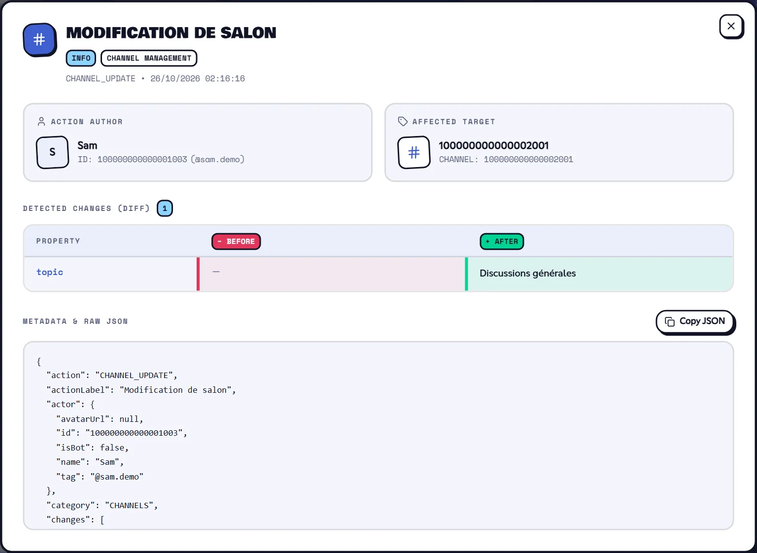 An event's details: author, target and changes. Audit log event sheet with its changes