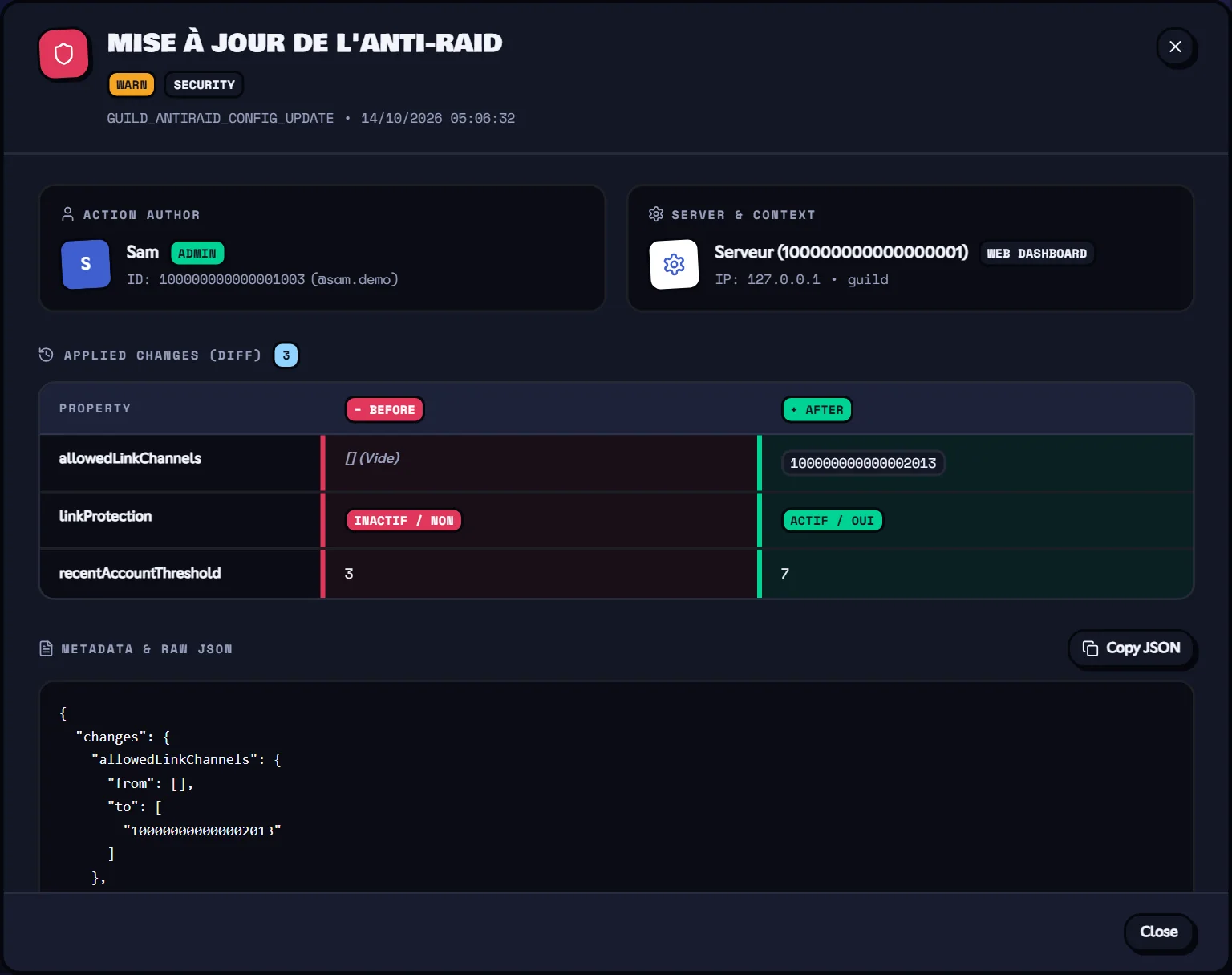 A change's details: who, what, before and after. Configuration change sheet with the before / after diff