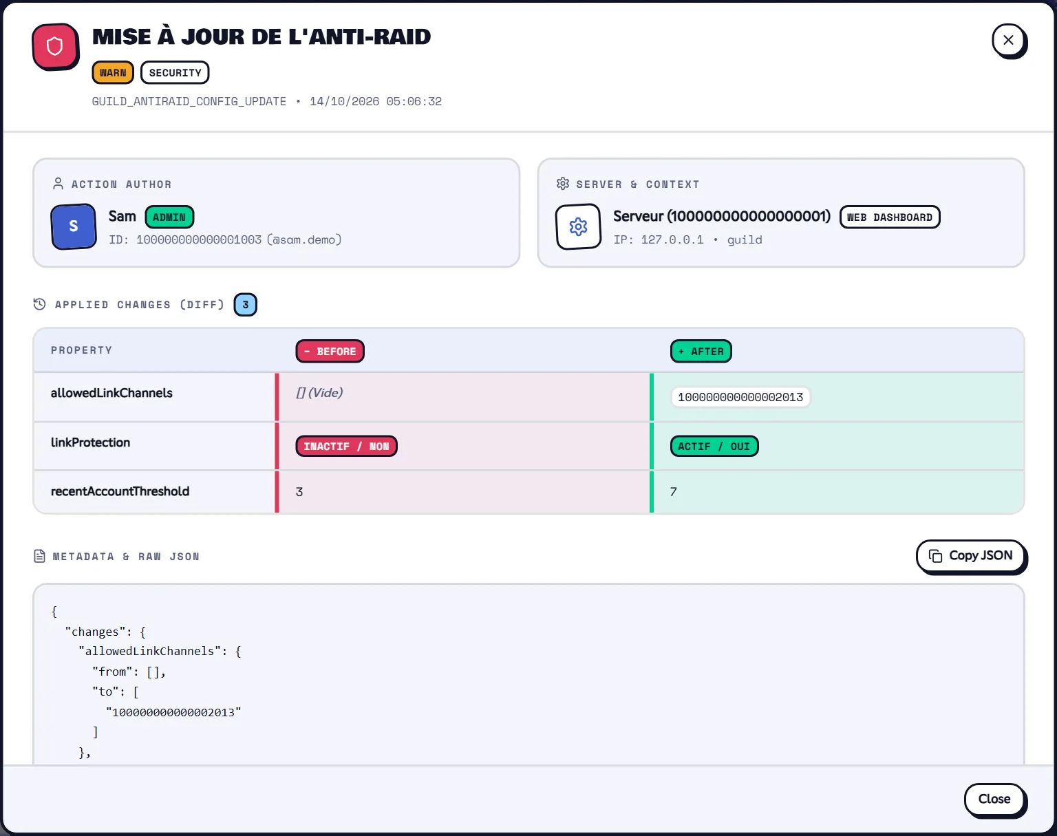 A change's details: who, what, before and after. Configuration change sheet with the before / after diff
