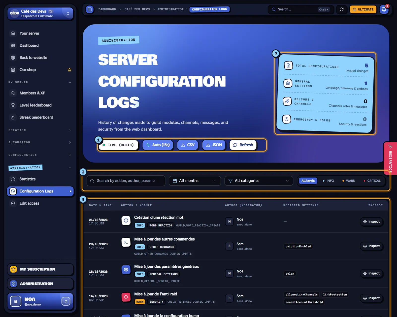 The Configuration Logs page. Configuration Logs page with several changes