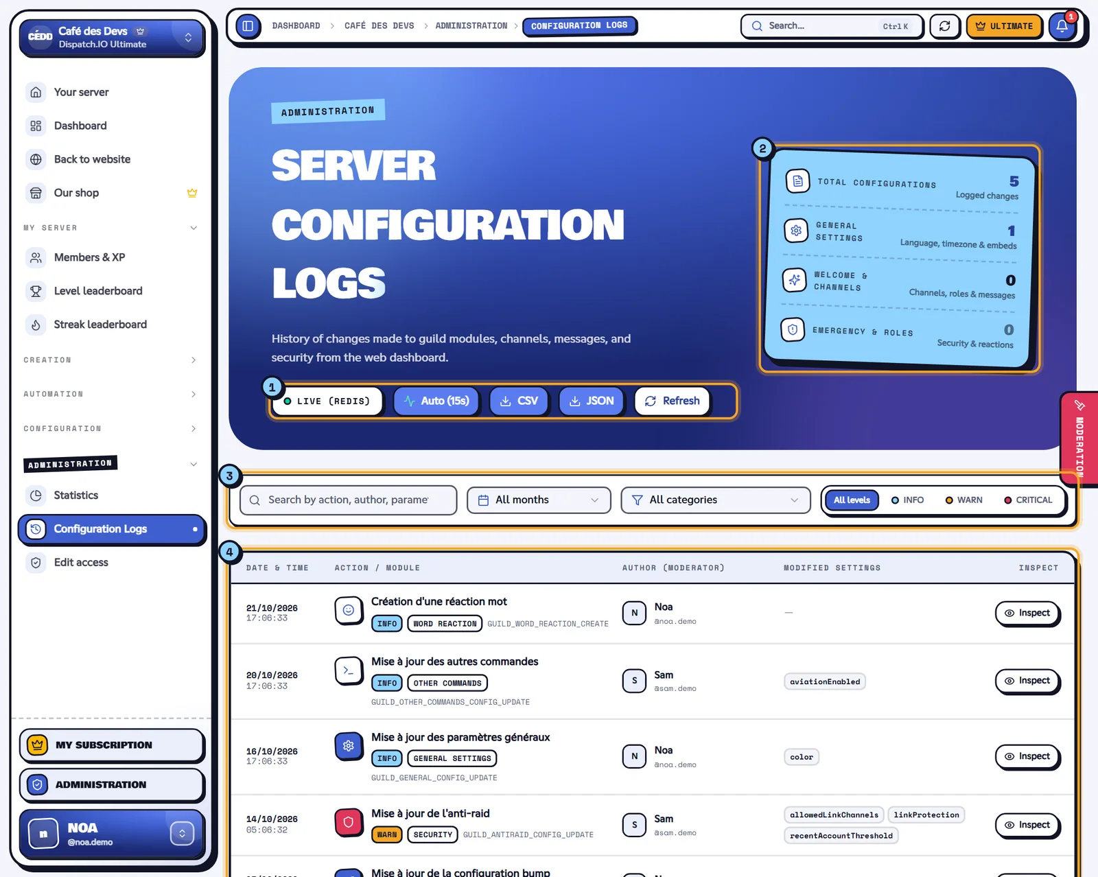 The Configuration Logs page. Configuration Logs page with several changes