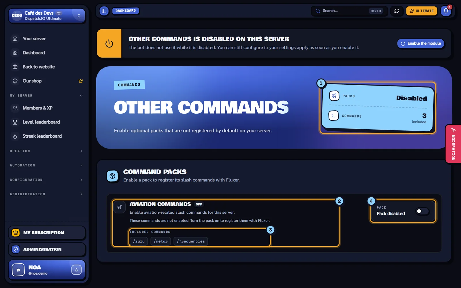 The Other commands page. Other commands page with the Aviation commands pack