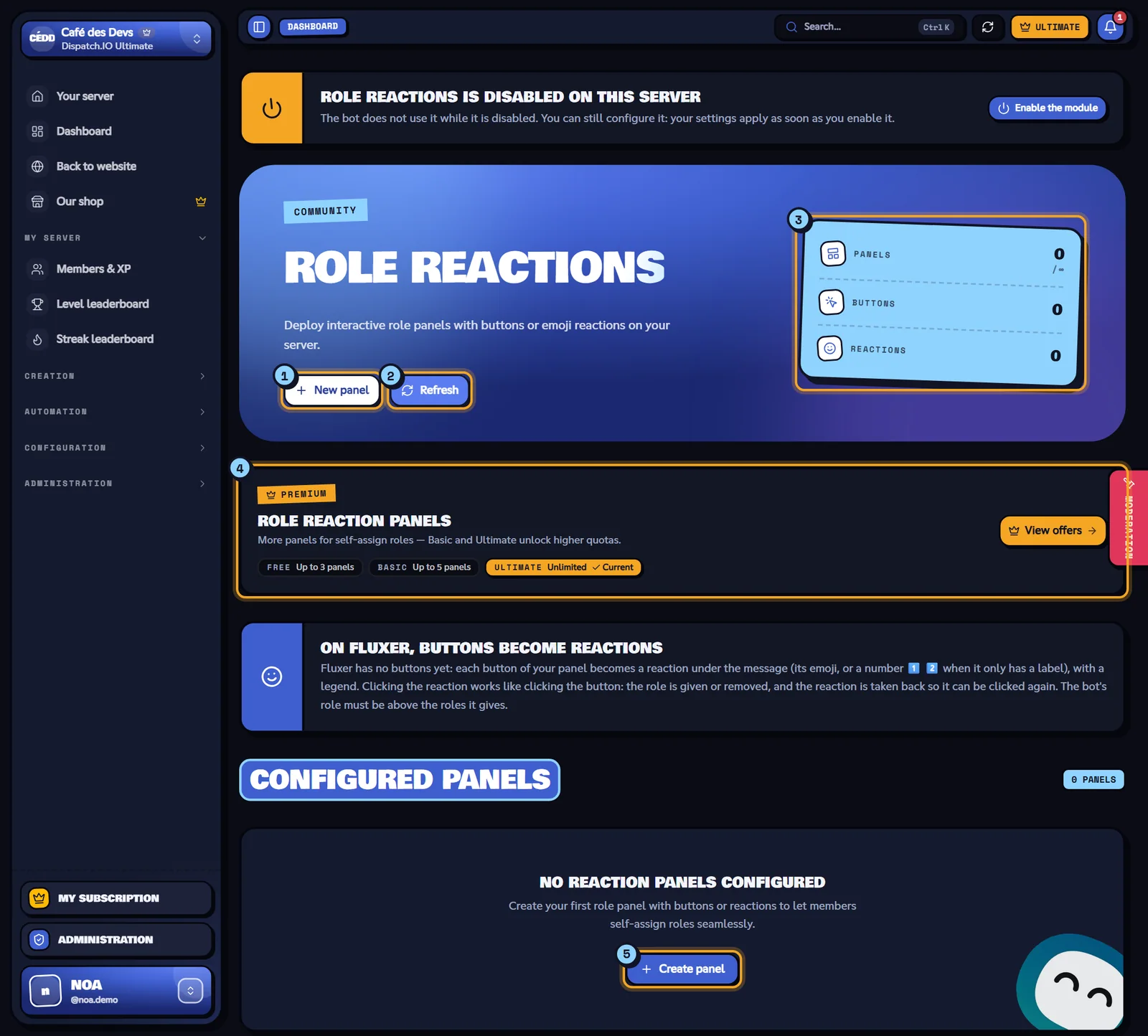 No panel yet on Café des Devs. Role Reactions page with no panel, the New panel button and the indicators