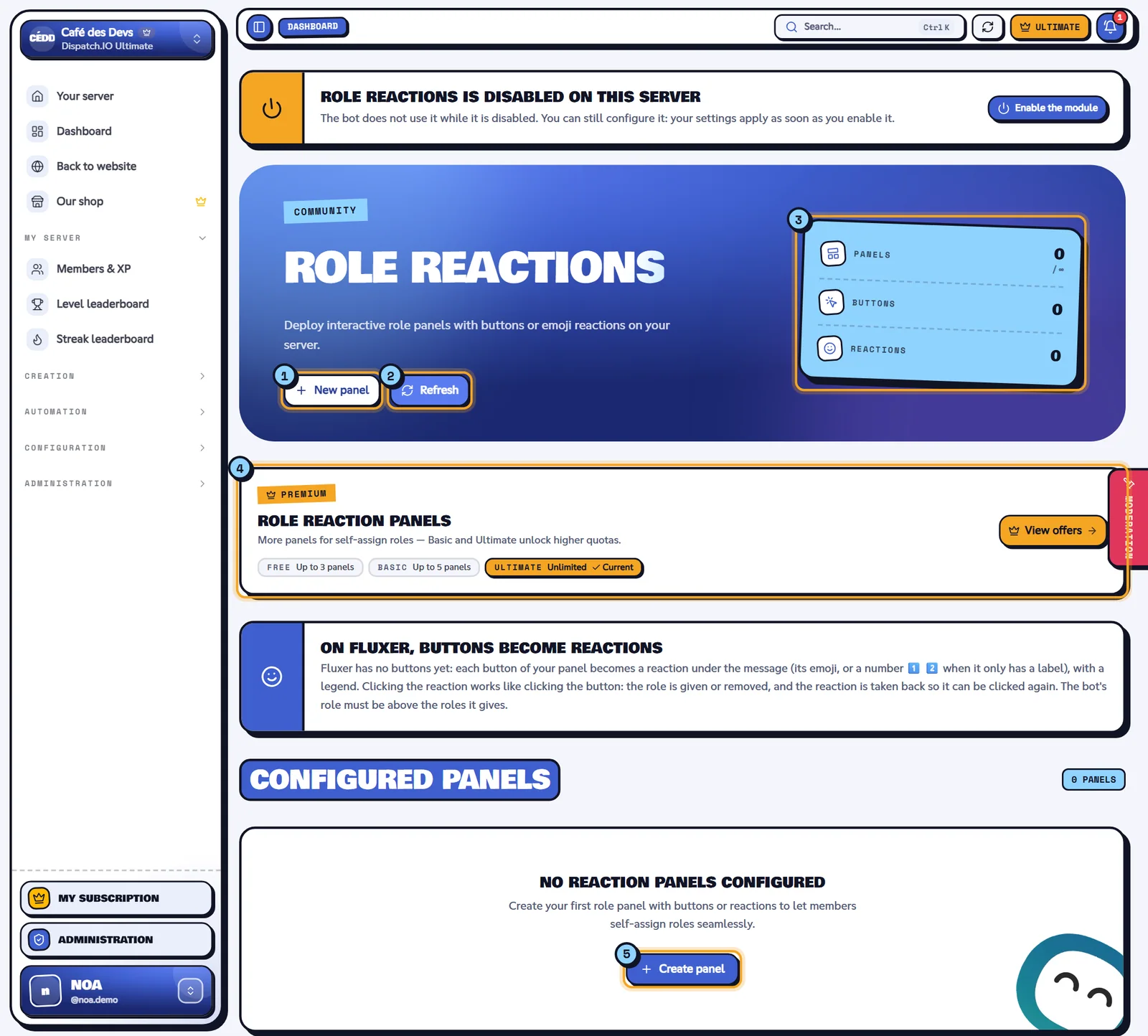 No panel yet on Café des Devs. Role Reactions page with no panel, the New panel button and the indicators