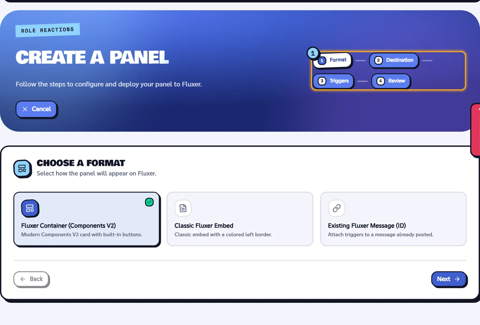 Step 1: three possible formats. Format step of the wizard with the three panel formats