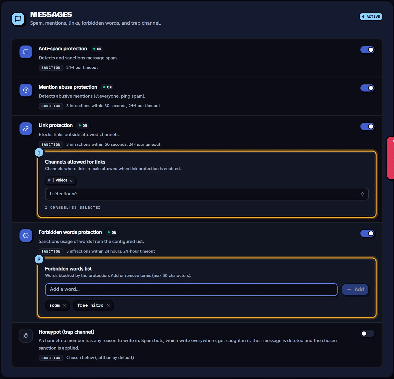 The Messages group, with link and forbidden words protections expanded. Messages group with link protection and the forbidden words list