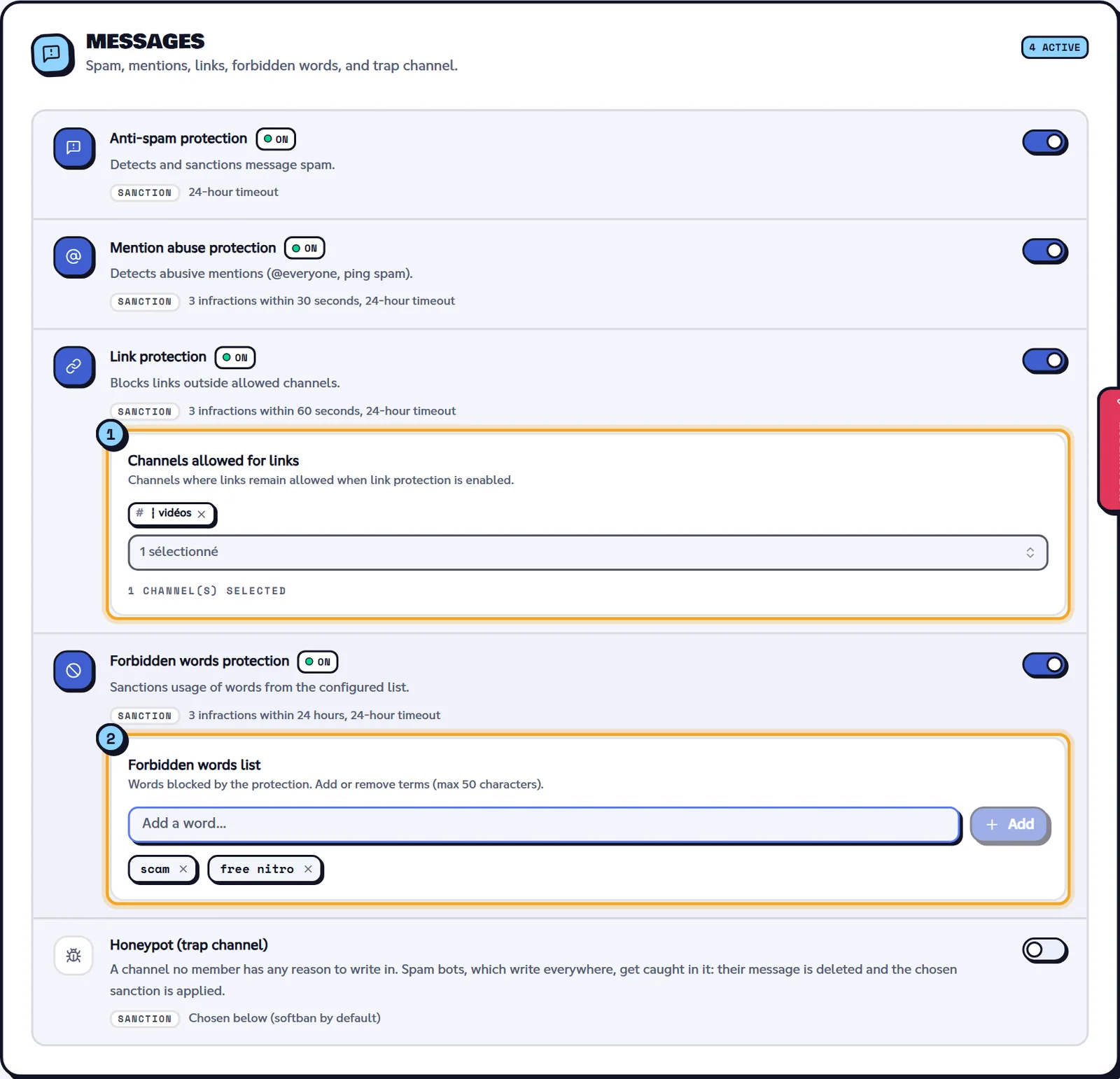 The Messages group, with link and forbidden words protections expanded. Messages group with link protection and the forbidden words list