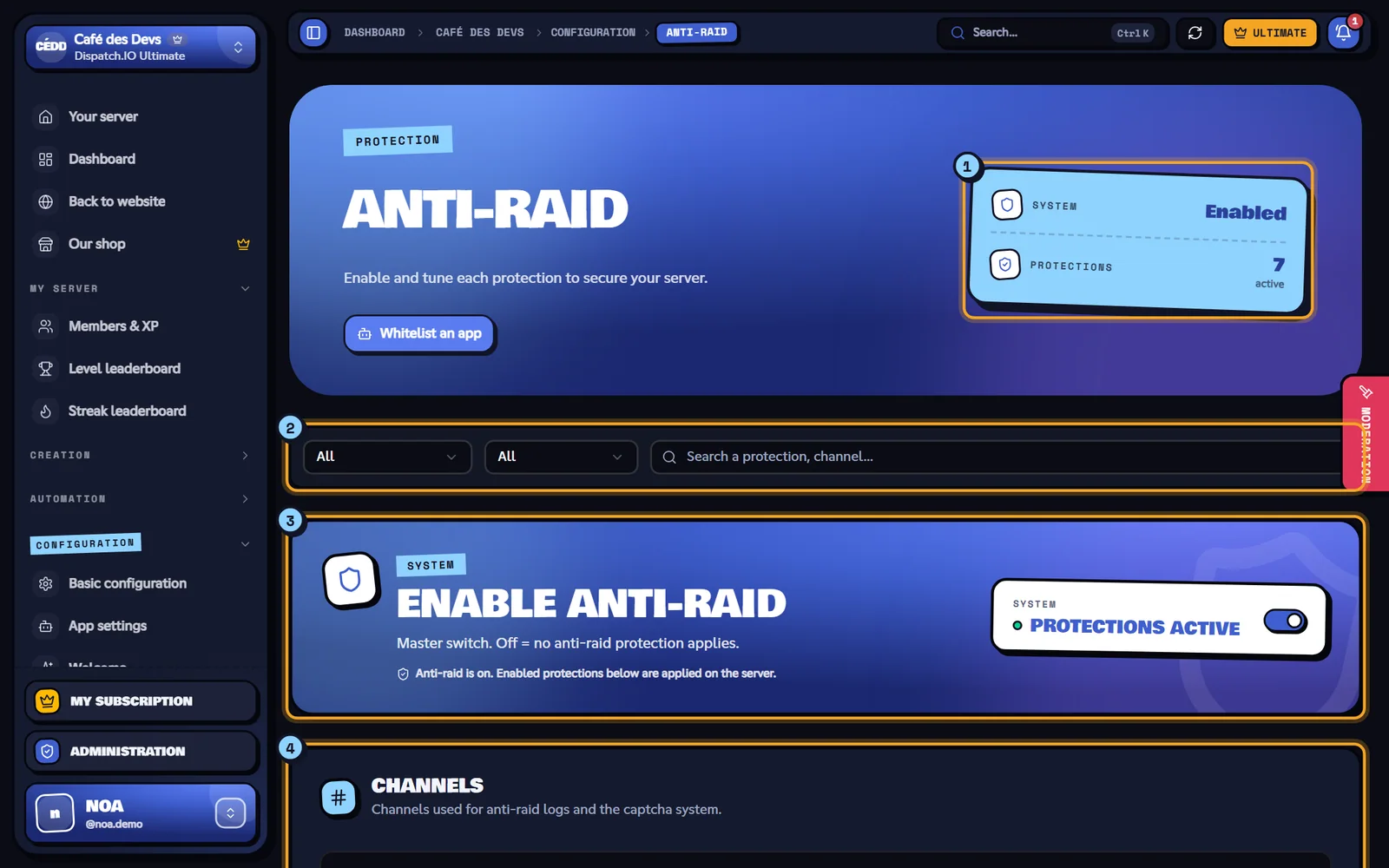 The Anti-Raid page of the Café des Devs server. Anti-Raid page with the system on and several protections