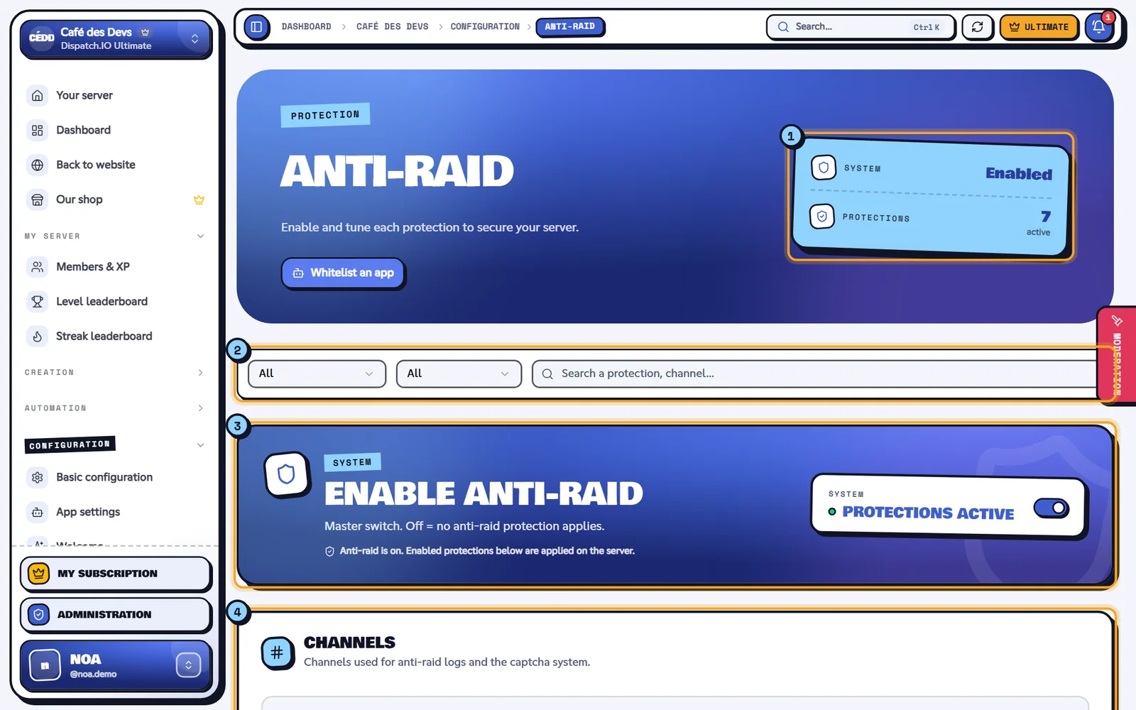 The Anti-Raid page of the Café des Devs server. Anti-Raid page with the system on and several protections