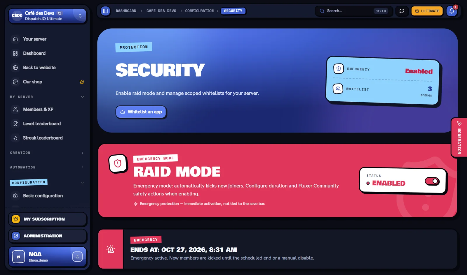 Raid mode on: the block turns red and shows the scheduled end. Security page with raid mode on