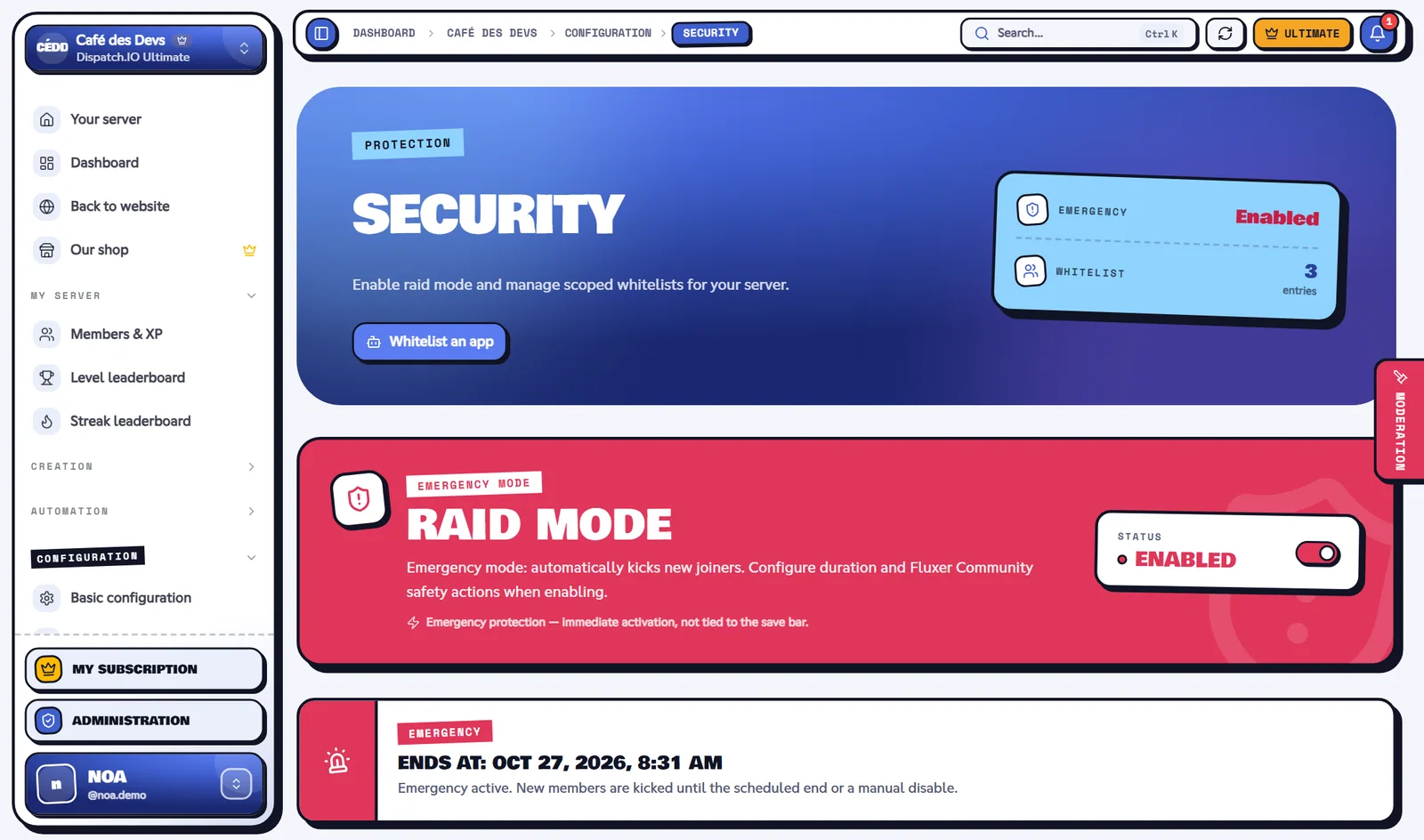 Raid mode on: the block turns red and shows the scheduled end. Security page with raid mode on