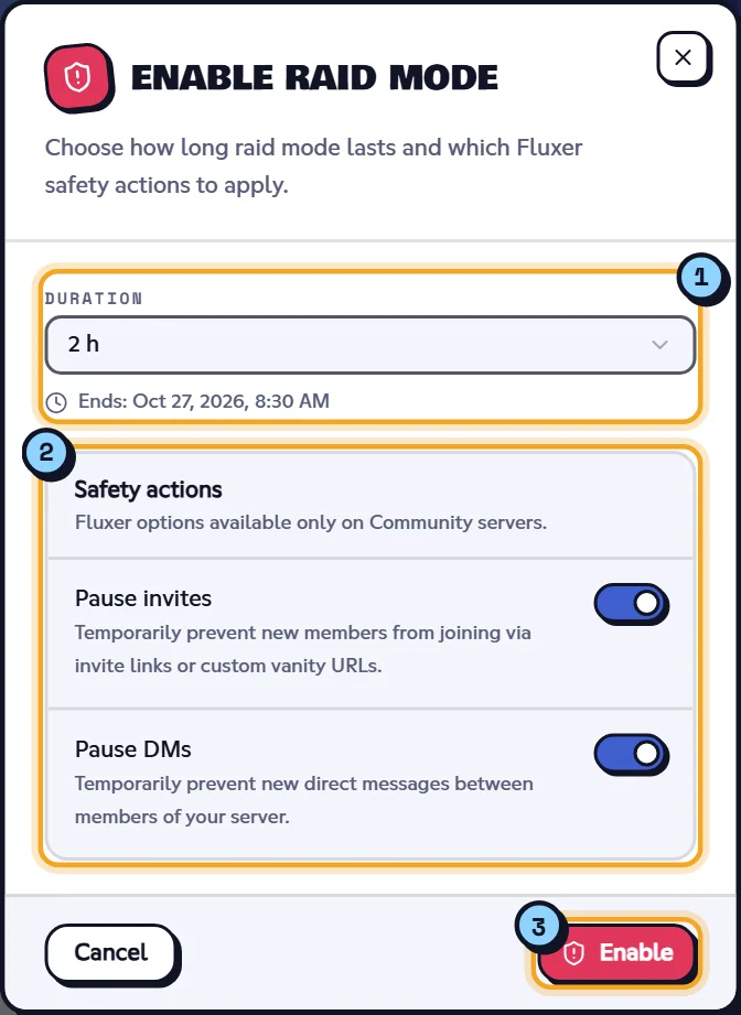 The raid mode activation dialog. Enable raid mode dialog