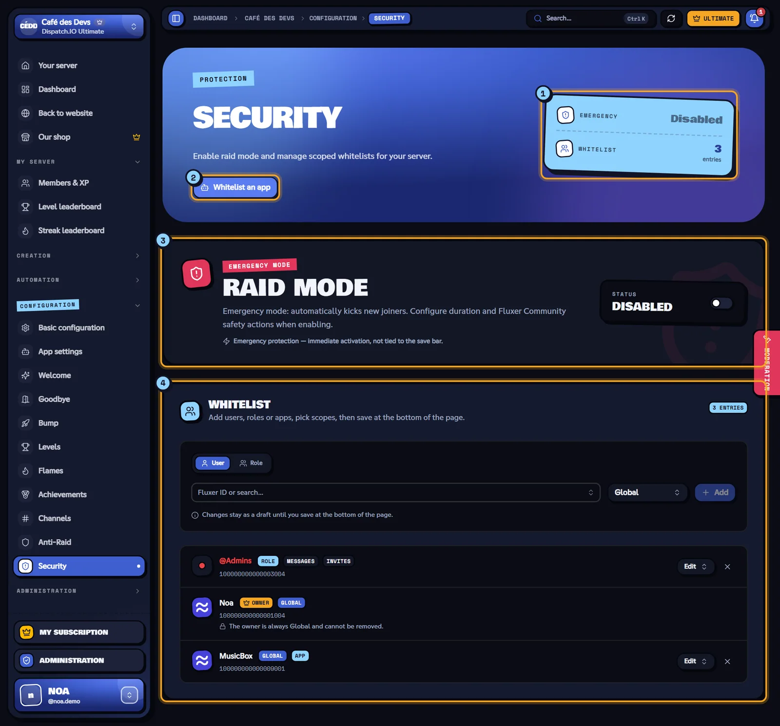 The Security page of the Café des Devs server. Security page with raid mode off and the whitelist