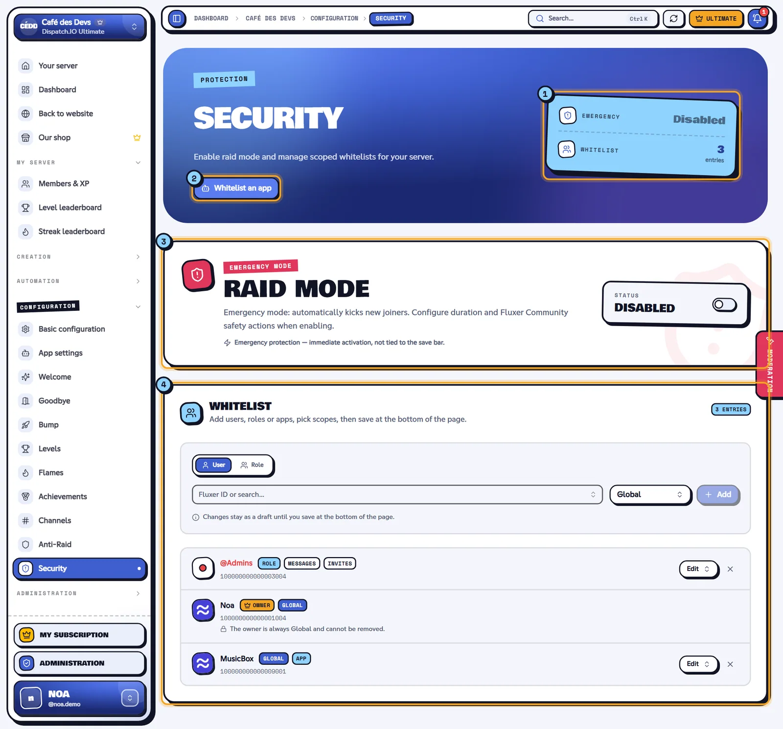 The Security page of the Café des Devs server. Security page with raid mode off and the whitelist