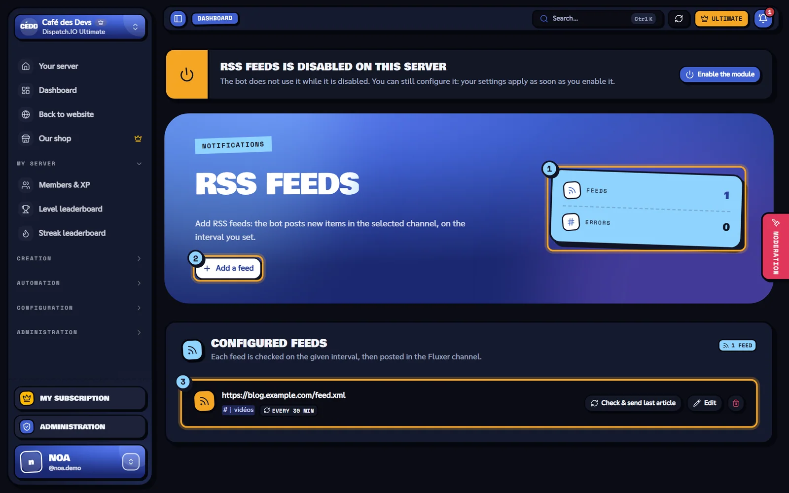 The RSS feeds page. RSS feeds page with one configured feed