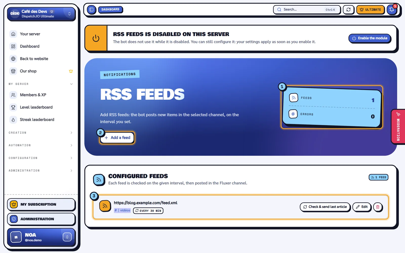 The RSS feeds page. RSS feeds page with one configured feed