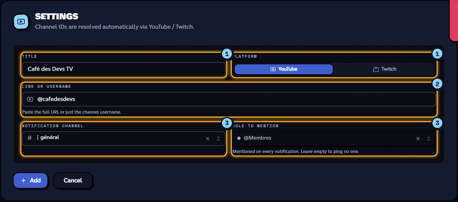 The social network editor. Add a network editor filled in for a YouTube channel