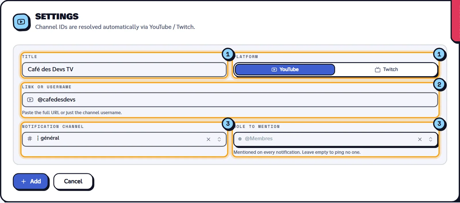 The social network editor. Add a network editor filled in for a YouTube channel