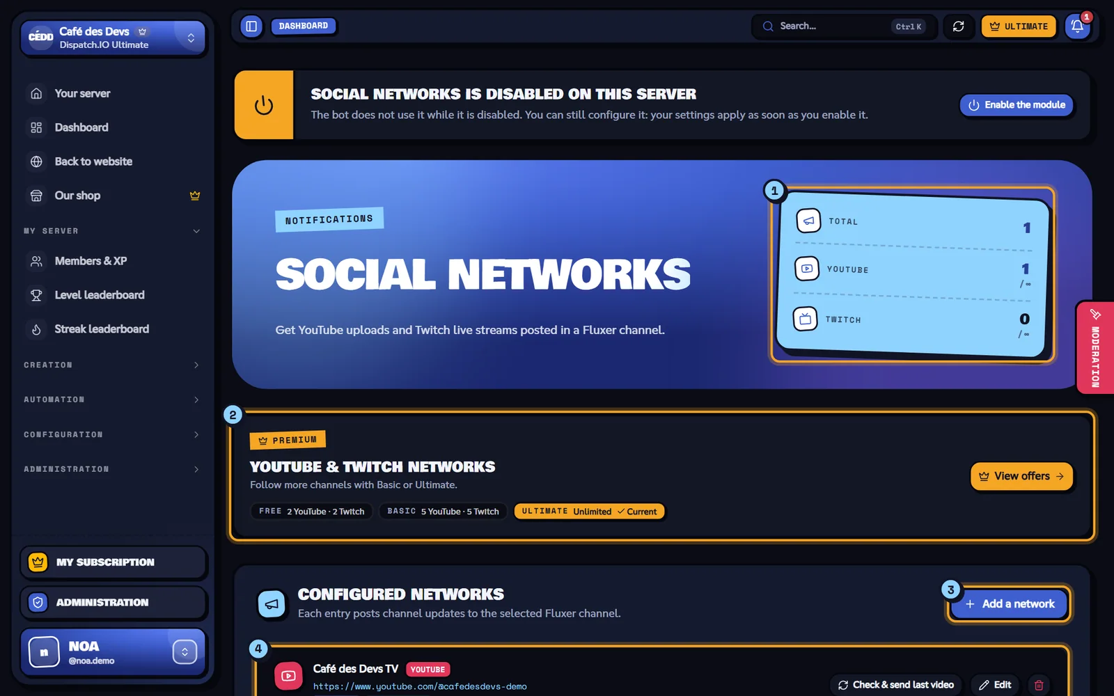 The Social networks page of the Café des Devs server. Social networks page with the Café des Devs TV YouTube channel