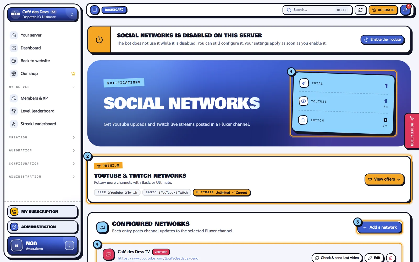 The Social networks page of the Café des Devs server. Social networks page with the Café des Devs TV YouTube channel