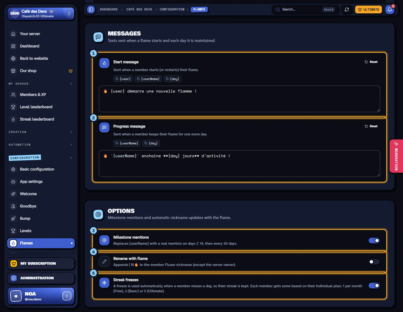 Both messages and the three options. Messages and Options blocks of the Flames page