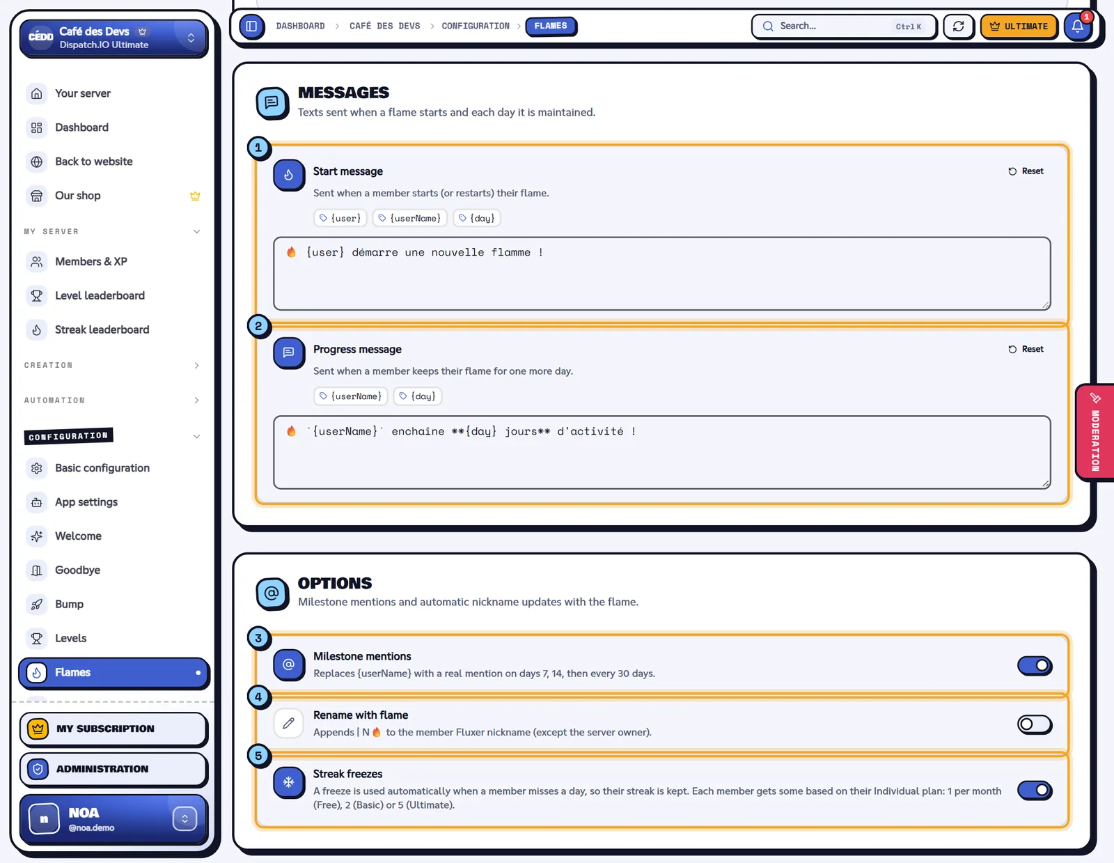 Both messages and the three options. Messages and Options blocks of the Flames page