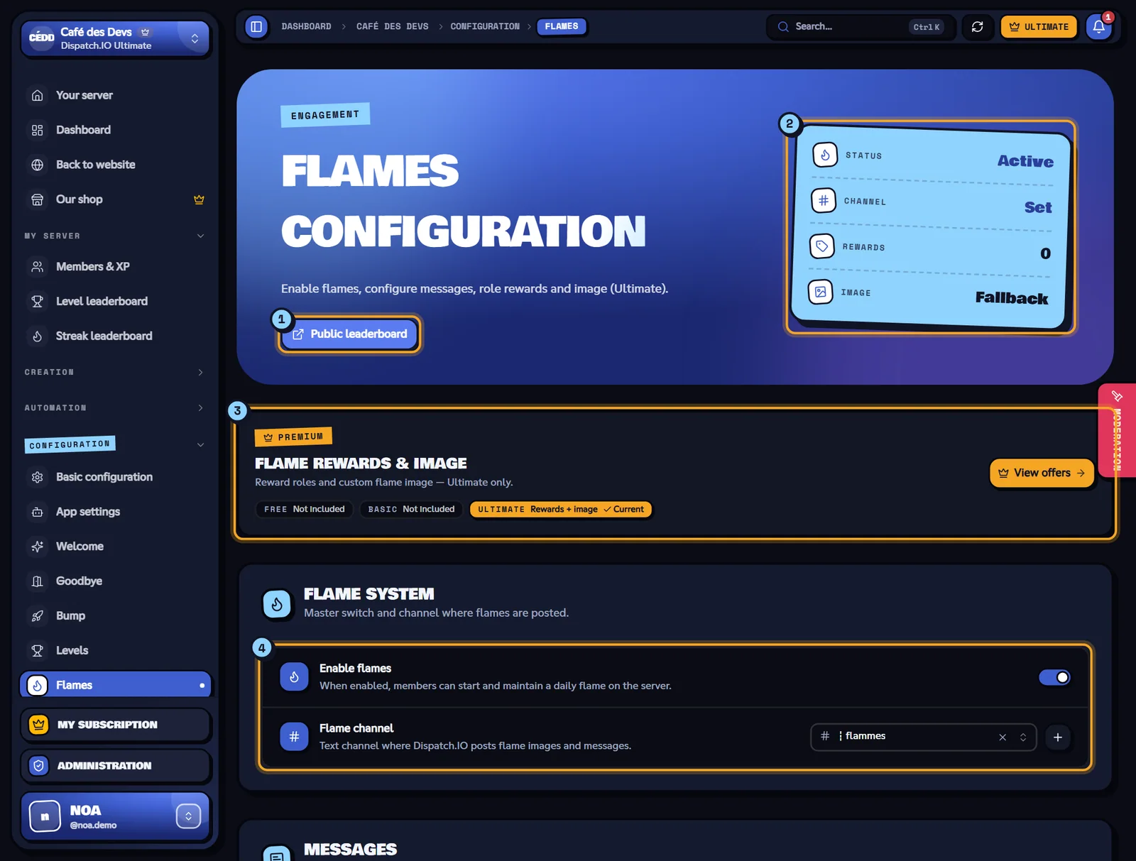 The Flames page of the Café des Devs server. Flames configuration page with the indicators, the Ultimate banner and the flame system