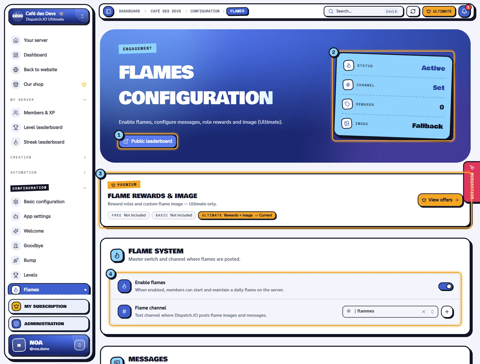 The Flames page of the Café des Devs server. Flames configuration page with the indicators, the Ultimate banner and the flame system